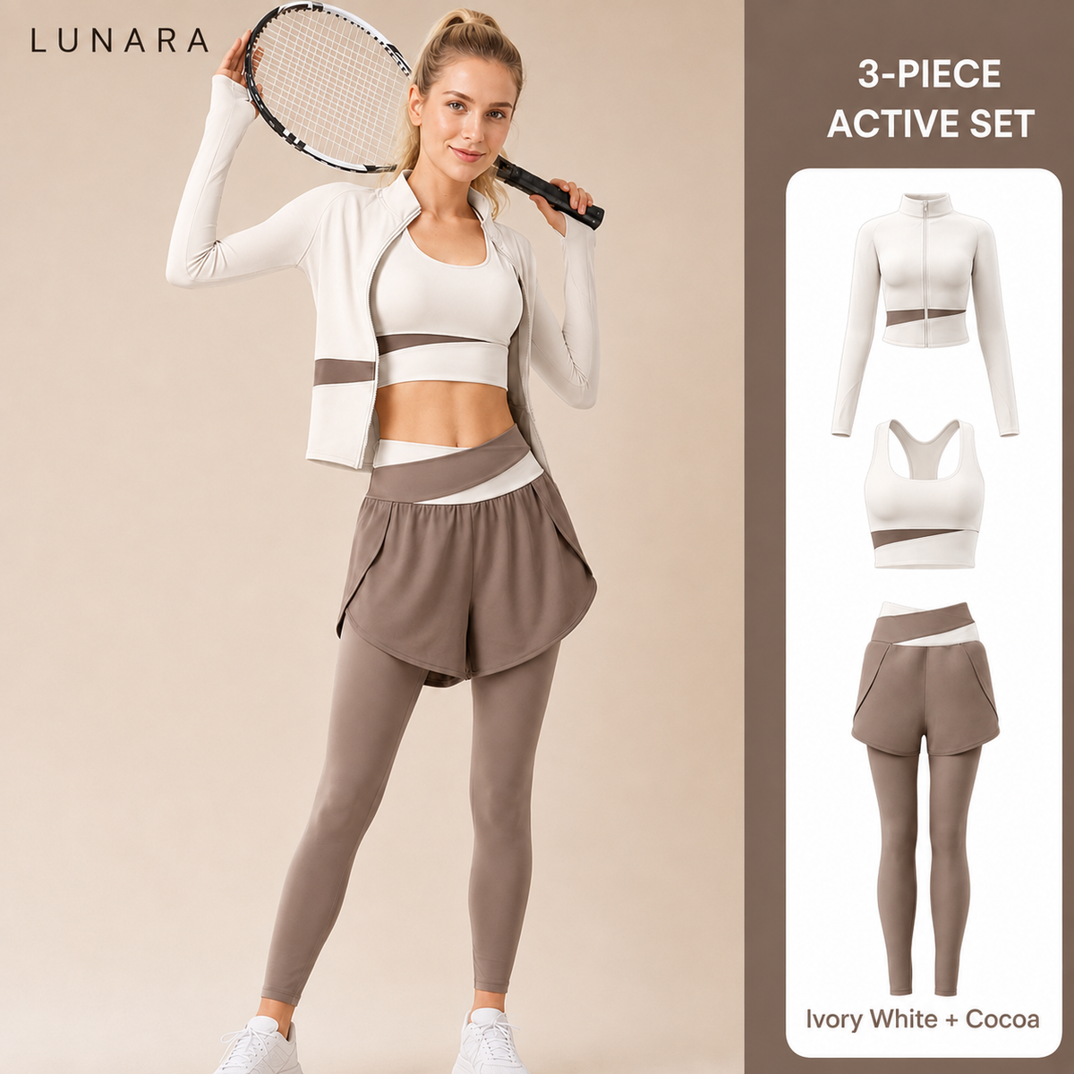 LunaFlex 3-piece active set in Ivory White and Cocoa